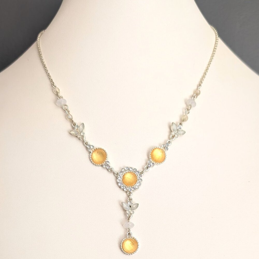 Yellow, white, pale blue and opalescent beaded Y necklace